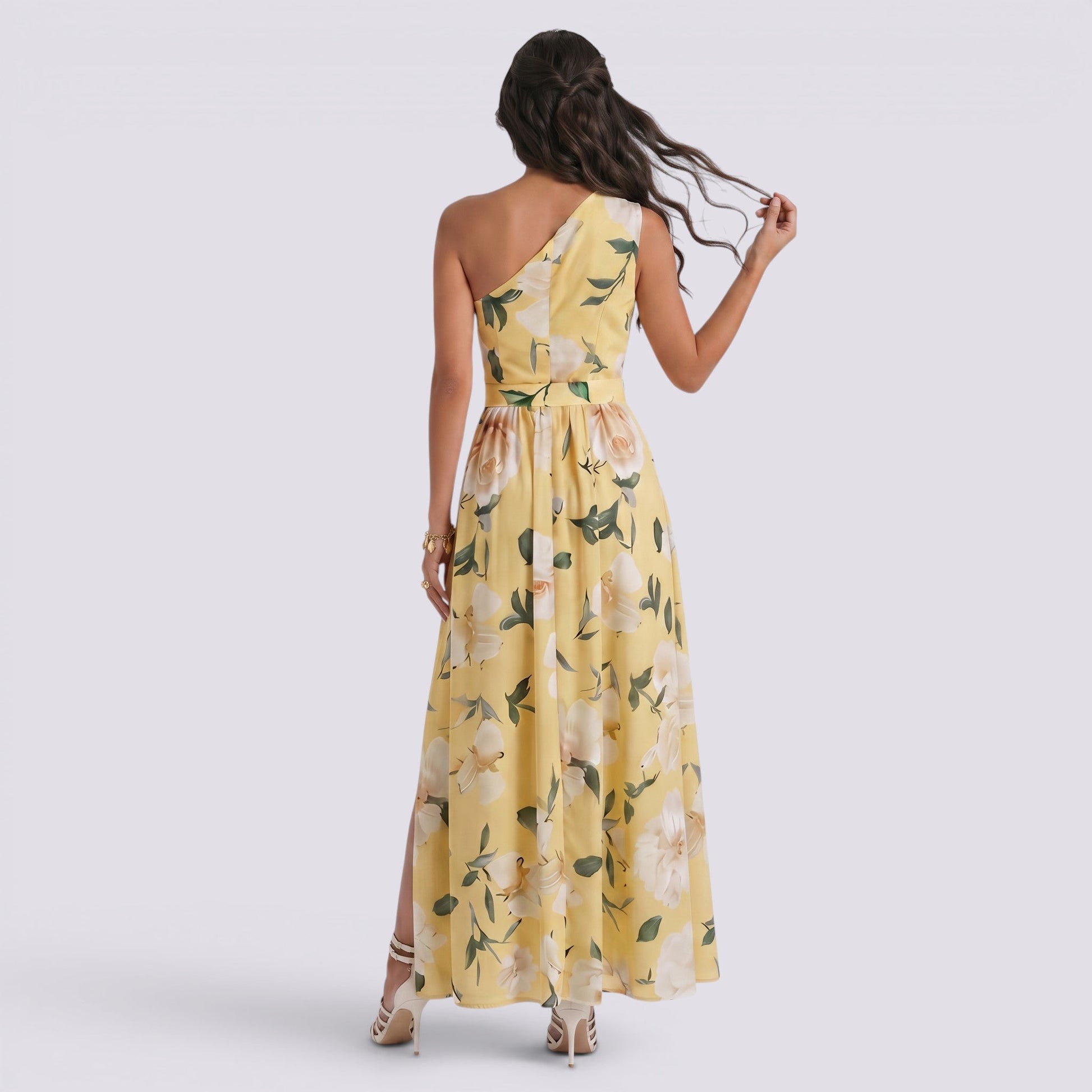 Abito Lungo Donna Smanicato Stampato Scollo Asimmetrico