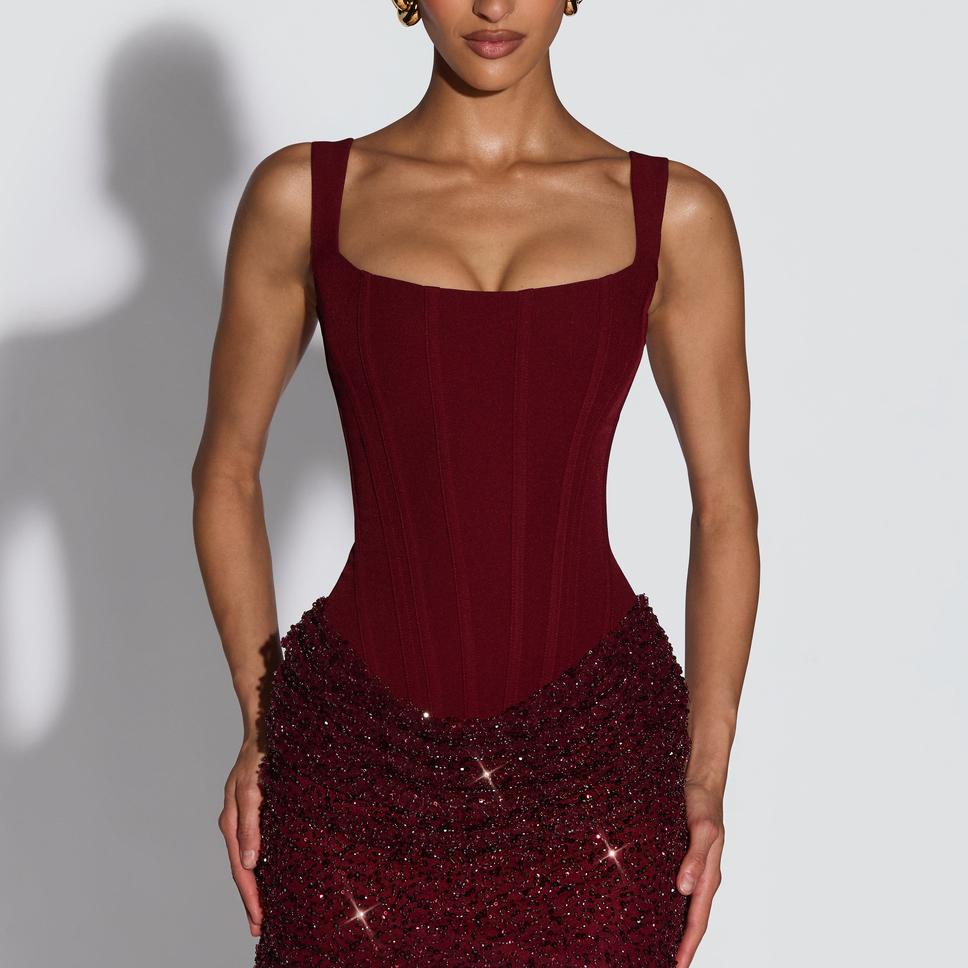 Abito Donna Corto in Paillettes Corsetto da Sera Scollo Quadrato