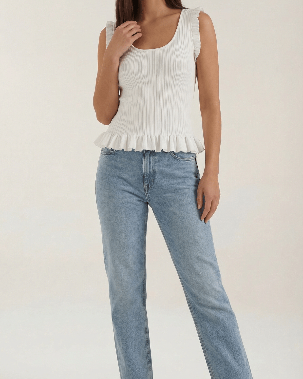 Aurazio Top in Maglia Costina con Volant da Donna