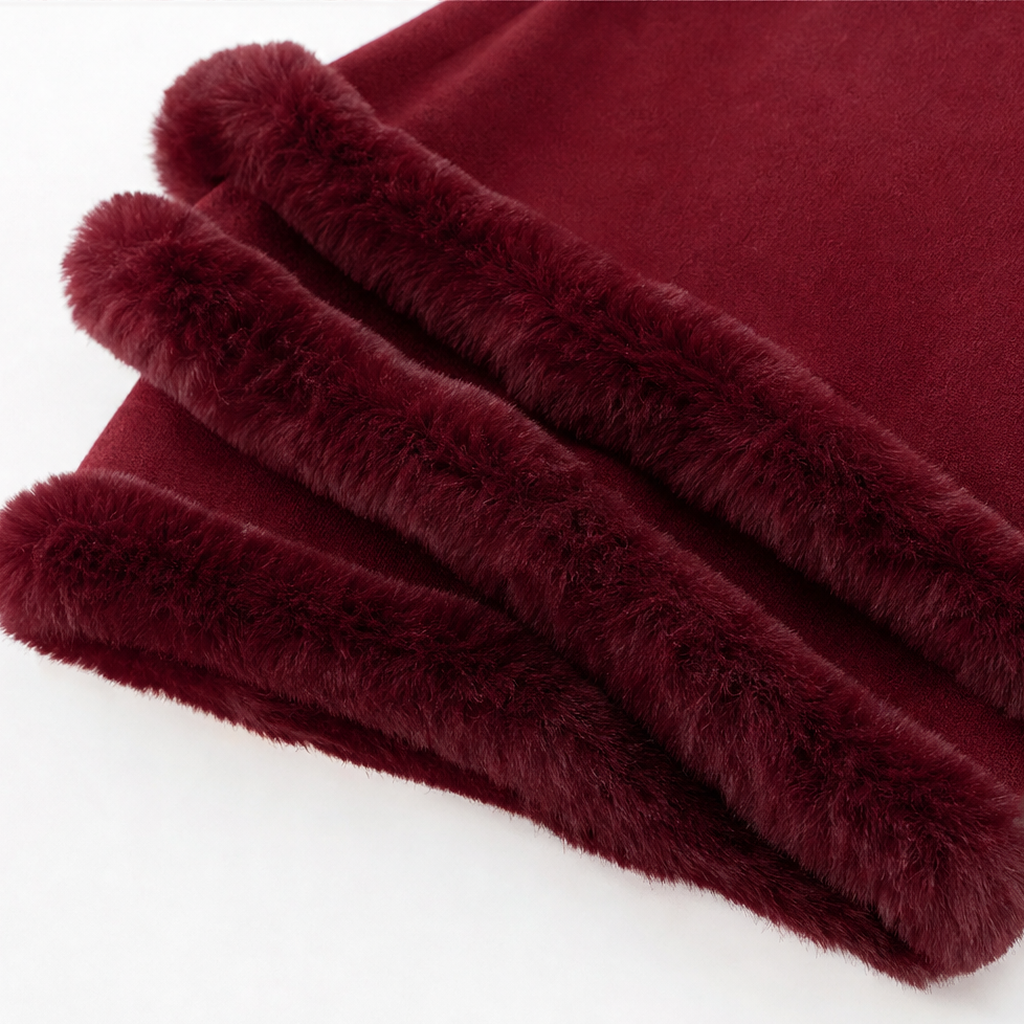 Mantella Donna in Maglia con Cappuccio Bordo Pelliccia Sintetica Lunga