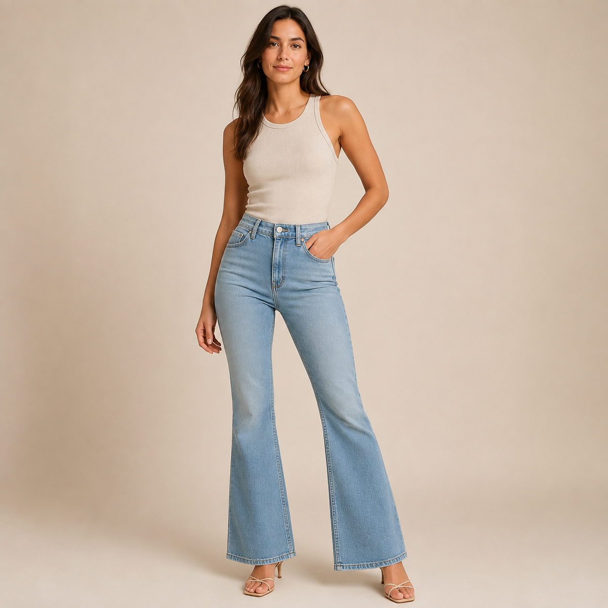 Jeans Donna a Zampa Vita Alta Flare Denim Stretch Rétro