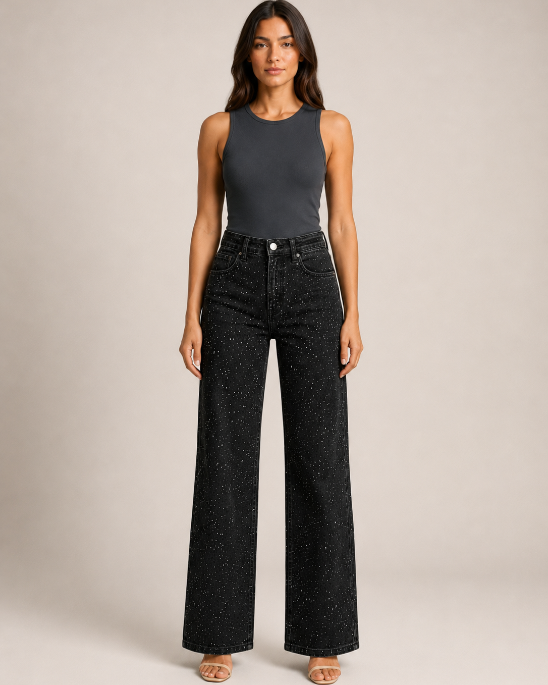 Jeans Donna Vita Alta con Dettagli Glitter Gamba Dritta