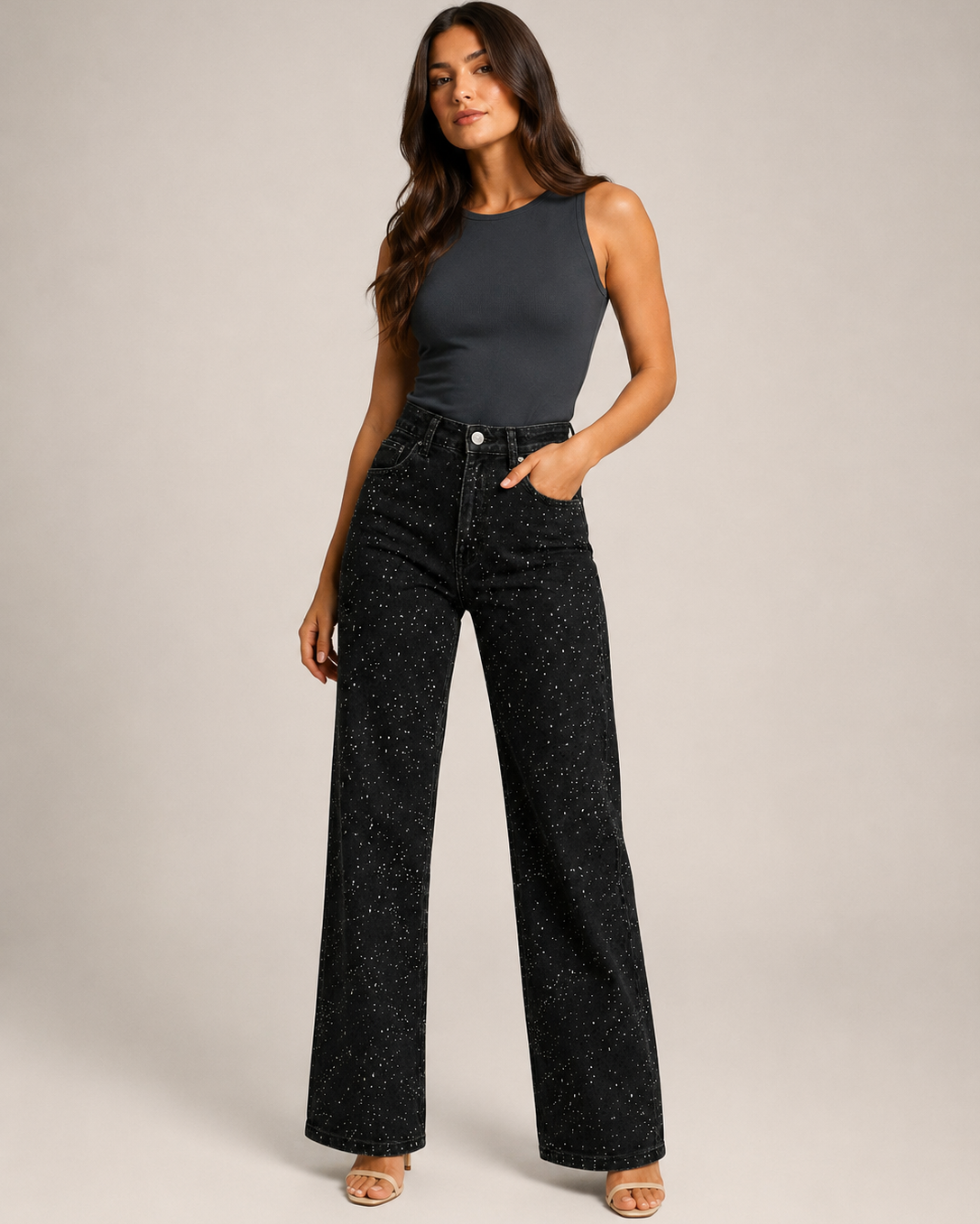 Jeans Donna Vita Alta con Dettagli Glitter Gamba Dritta
