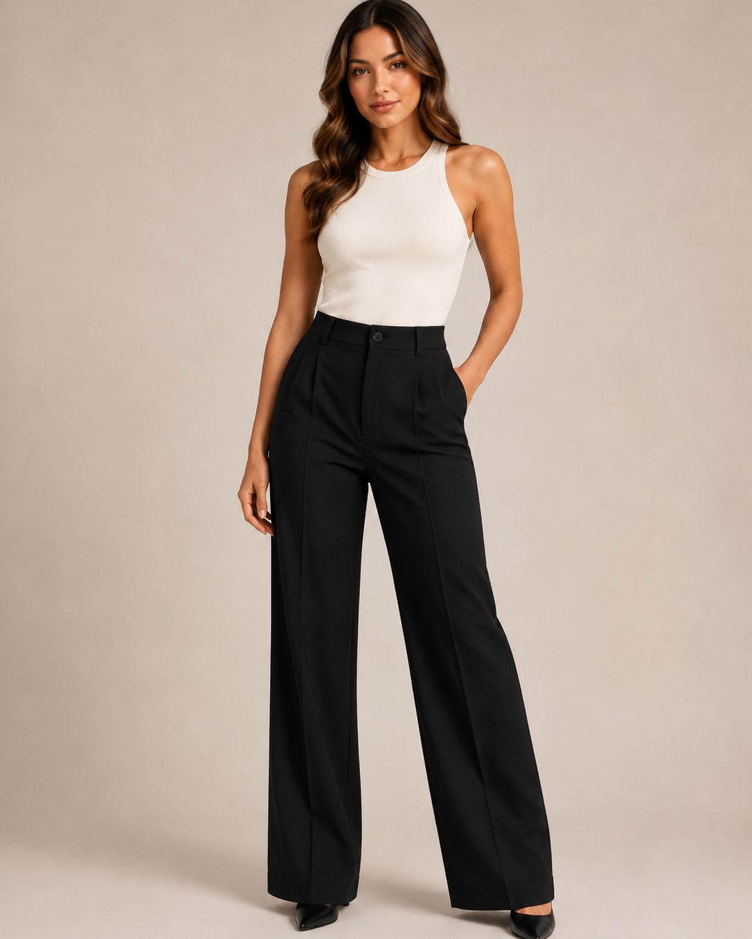 Pantaloni Donna Eleganti Vita Alta Gamba Dritta Ampia