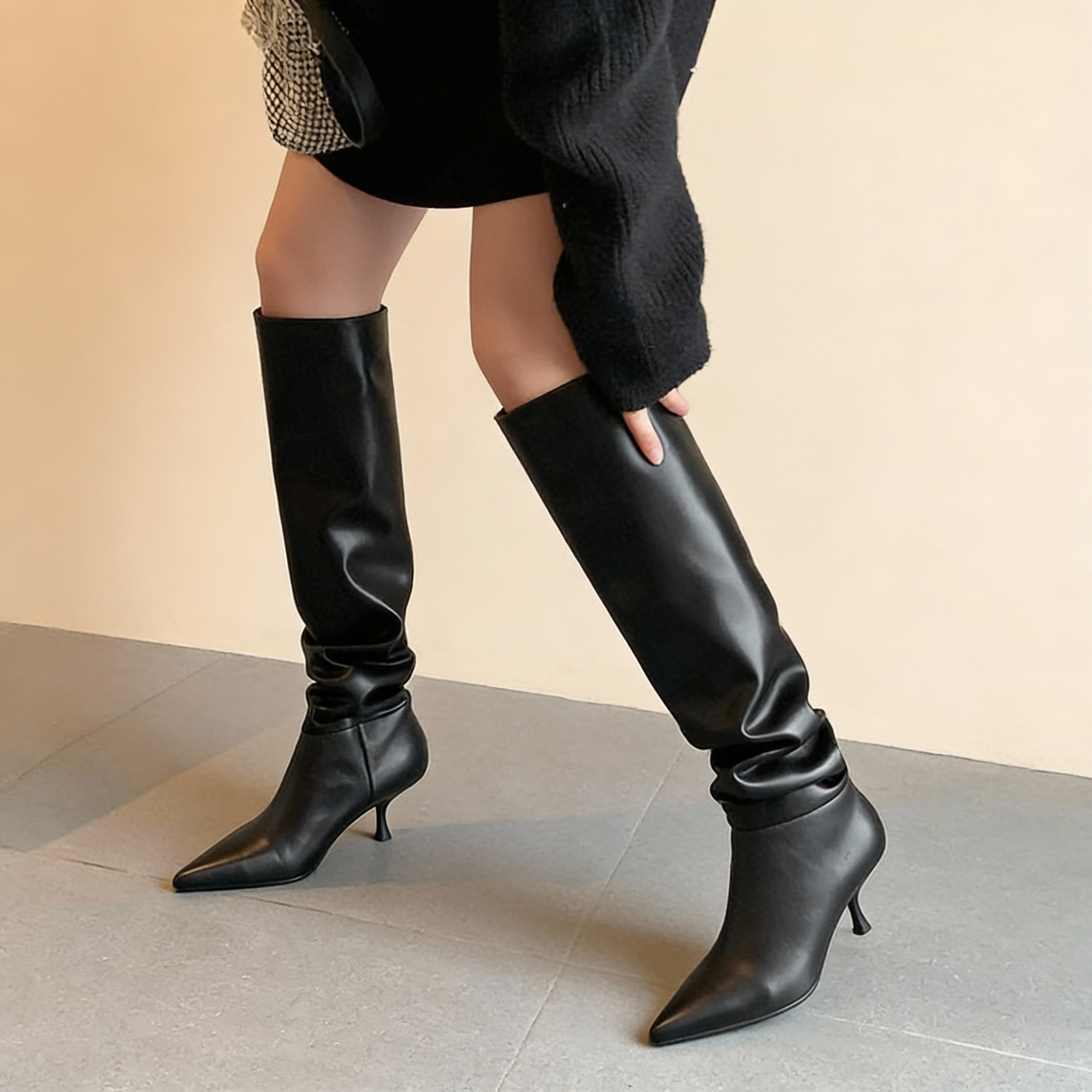 Aurazio Stivali Sopra Ginocchio Pelle Stiletto Punta per Donna
