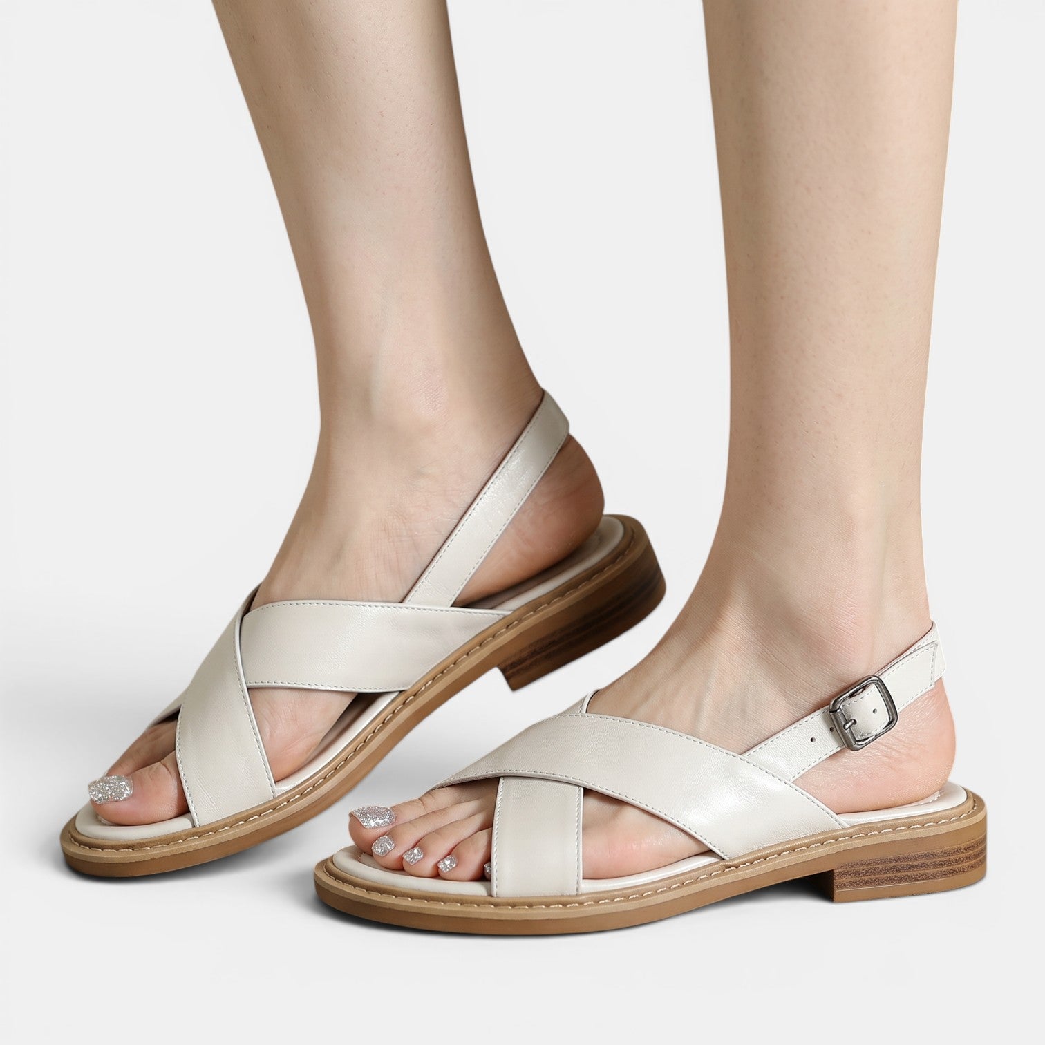 Aurazio Sandali Pelle Beige Cinturini Incrociati per Donna