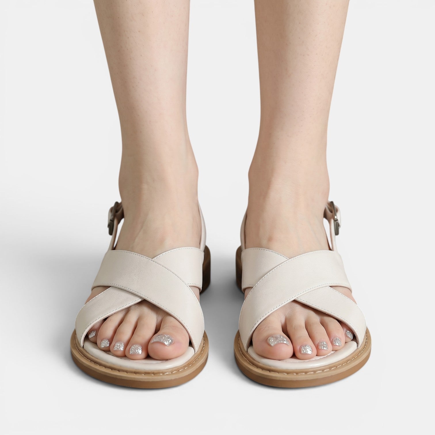 Aurazio Sandali Pelle Beige Cinturini Incrociati per Donna
