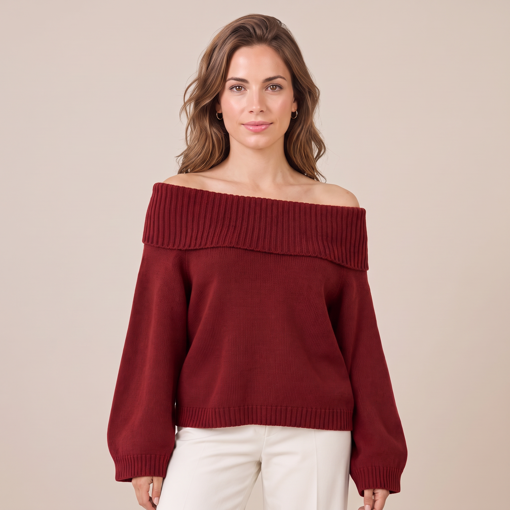 Maglione Donna Rilassato Spalle Scoperte in Maglia Morbida