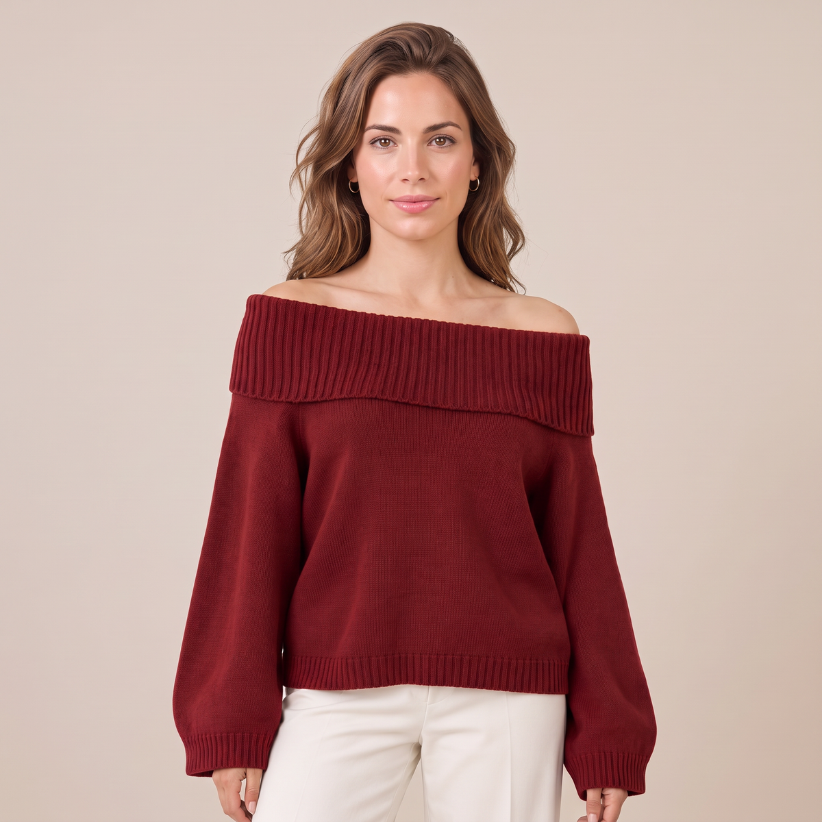 Maglione Donna Rilassato Spalle Scoperte in Maglia Morbida