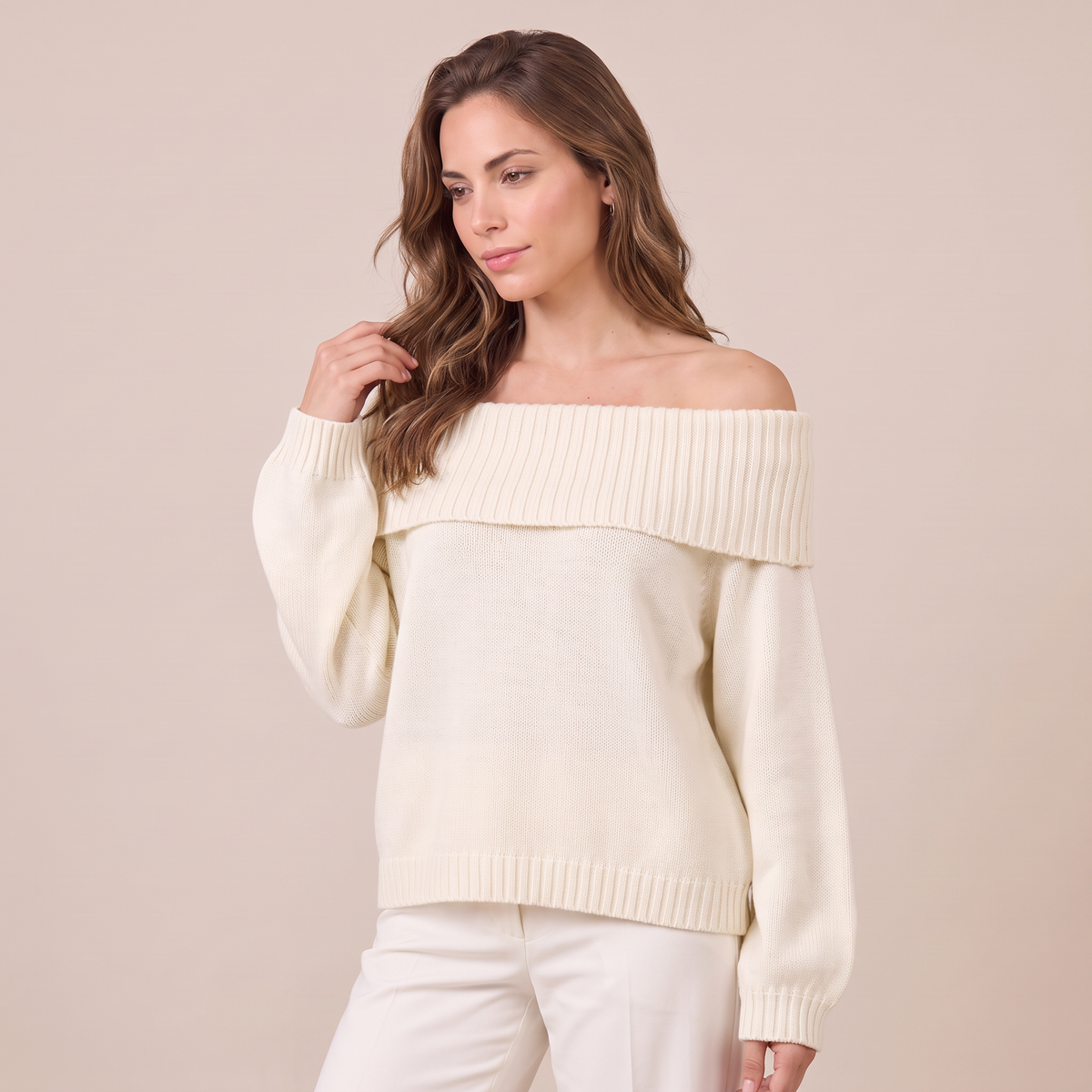 Maglione Donna Rilassato Spalle Scoperte in Maglia Morbida