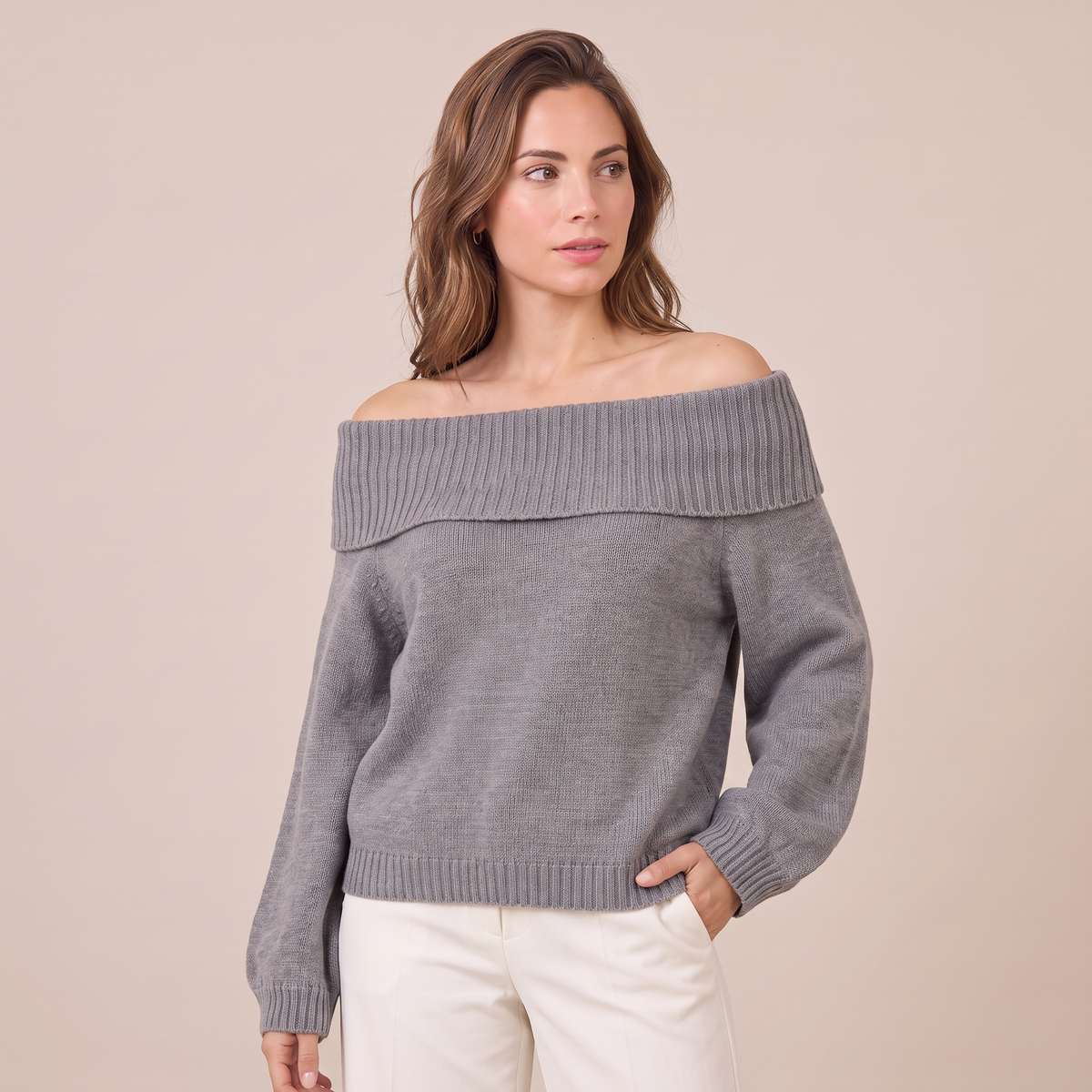 Maglione Donna Rilassato Spalle Scoperte in Maglia Morbida