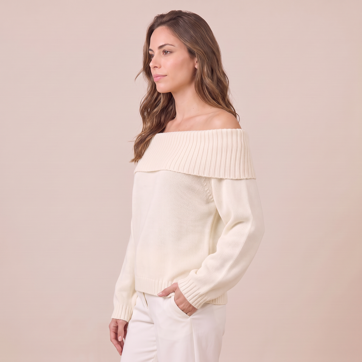 Maglione Donna Rilassato Spalle Scoperte in Maglia Morbida