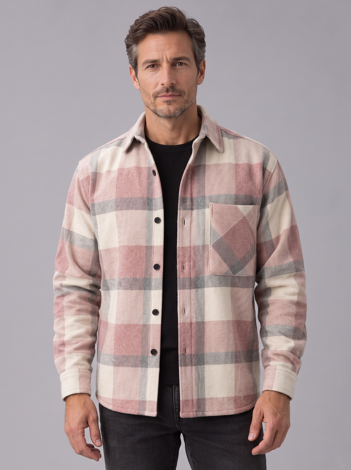 Camicia Giacca Uomo a Quadri Spazzolata Overshirt Taschino