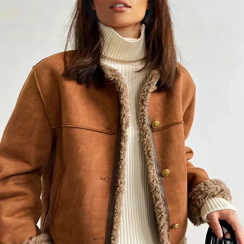 Giacca Donna Shearling Sintetico Effetto Camoscio Bottoni Dorati