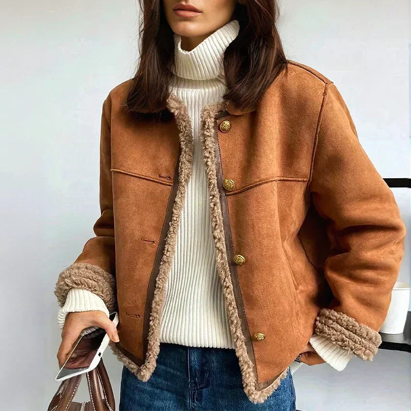 Giacca Donna Shearling Sintetico Effetto Camoscio Bottoni Dorati