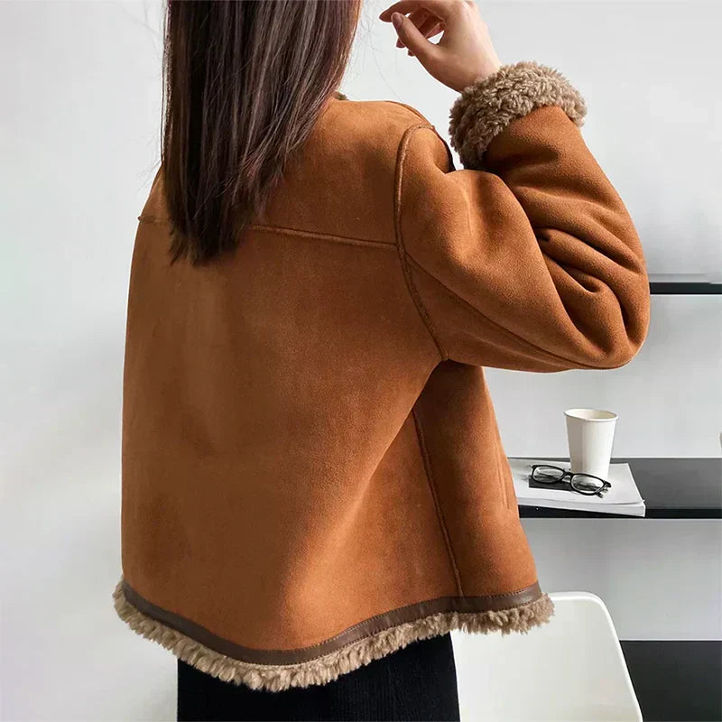 Giacca Donna Shearling Sintetico Effetto Camoscio Bottoni Dorati