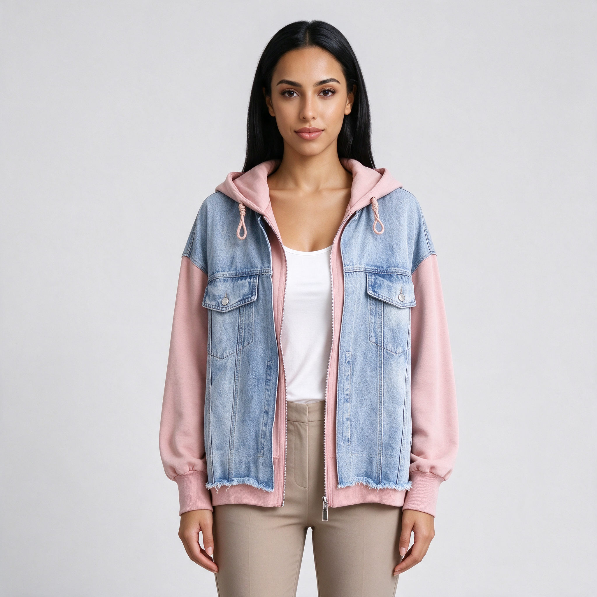 Giacca Donna di Jeans Oversize con Cappuccio Zip Effetto Vissuto