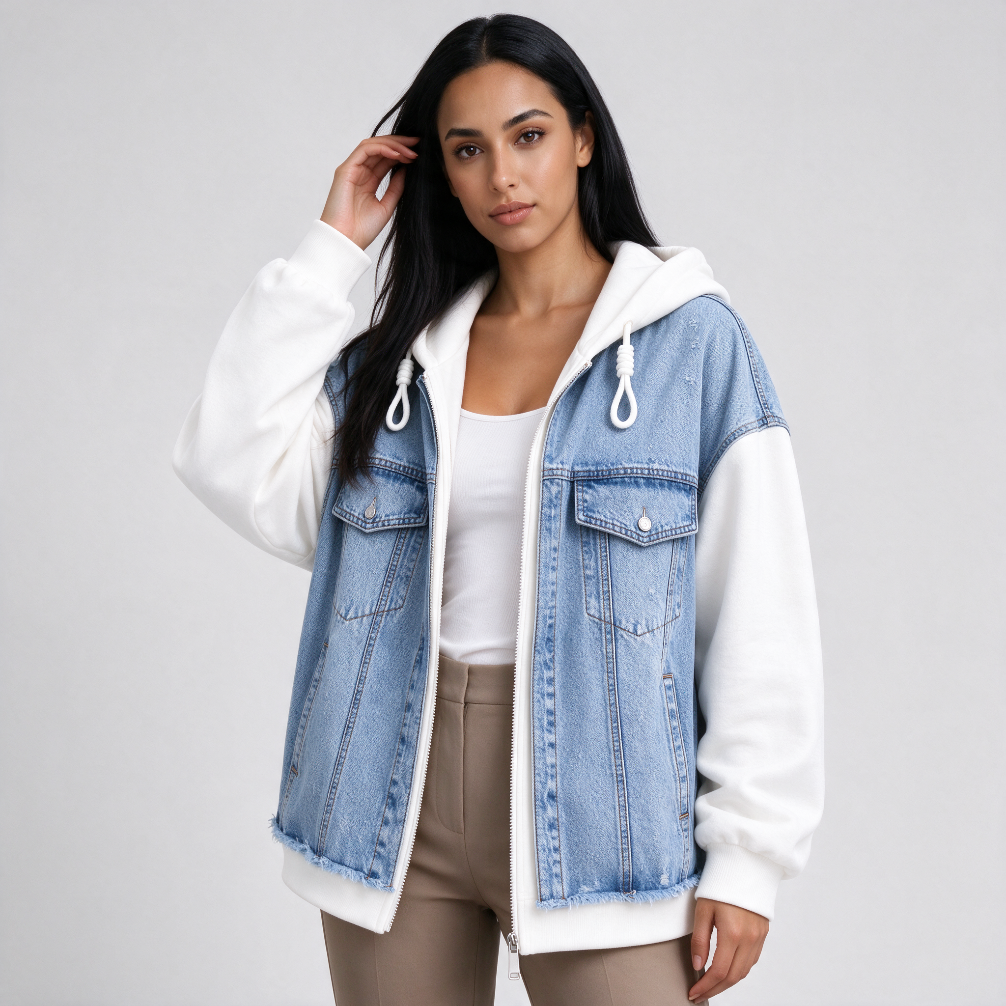 Giacca Donna di Jeans Oversize con Cappuccio Zip Effetto Vissuto