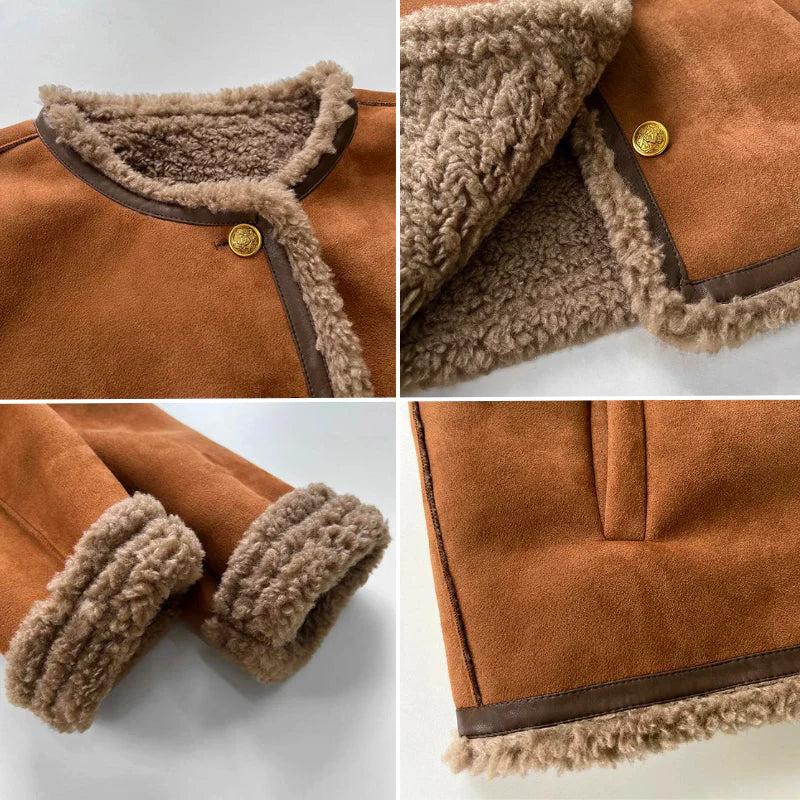 Giacca Donna Shearling Sintetico Effetto Camoscio Bottoni Dorati