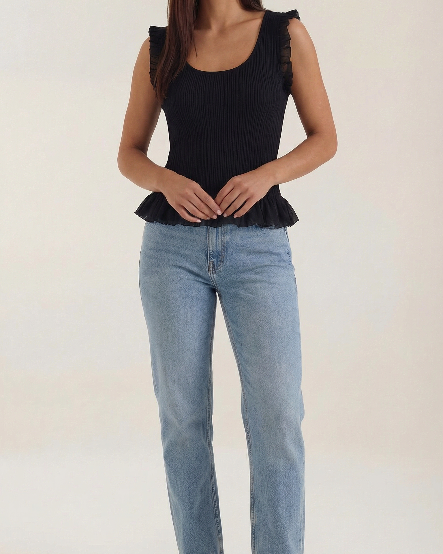 Top Donna in Maglia a Costine con Volant Femminile