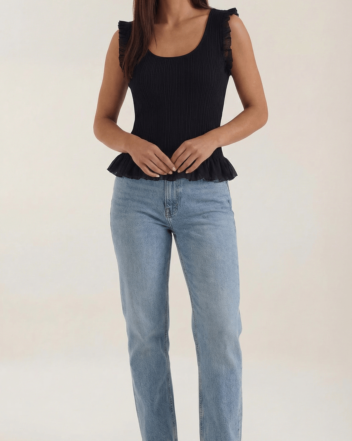 Aurazio Top in Maglia Costina con Volant da Donna