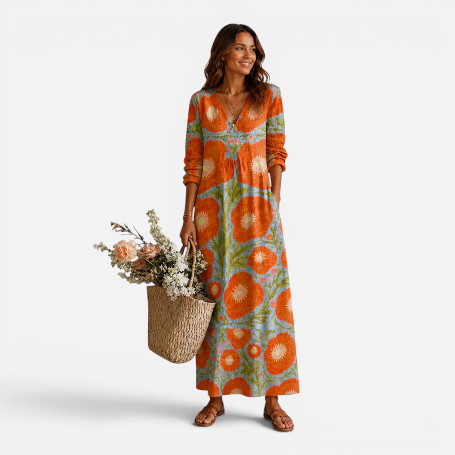 Abito Lungo Donna Floreale Boho Estivo con Tasche
