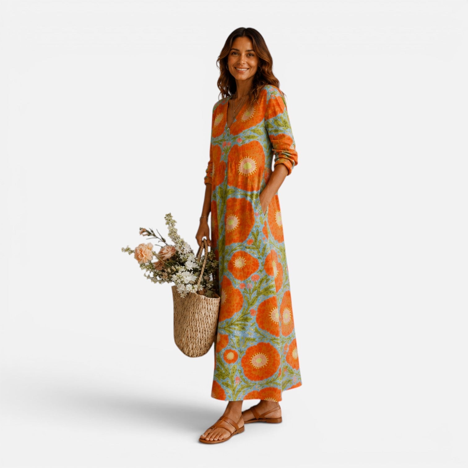 Abito Lungo Donna Floreale Boho Estivo con Tasche