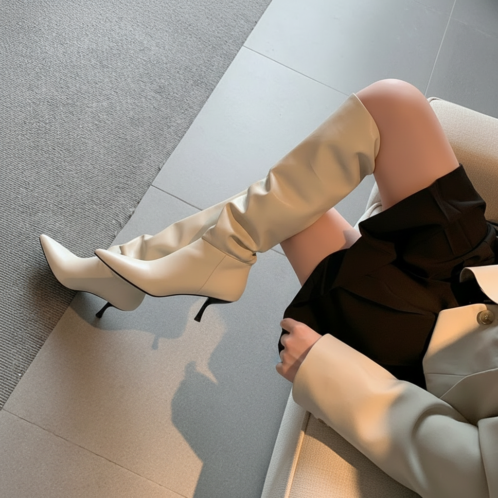 Aurazio Stivali Sopra Ginocchio Pelle Stiletto Punta per Donna