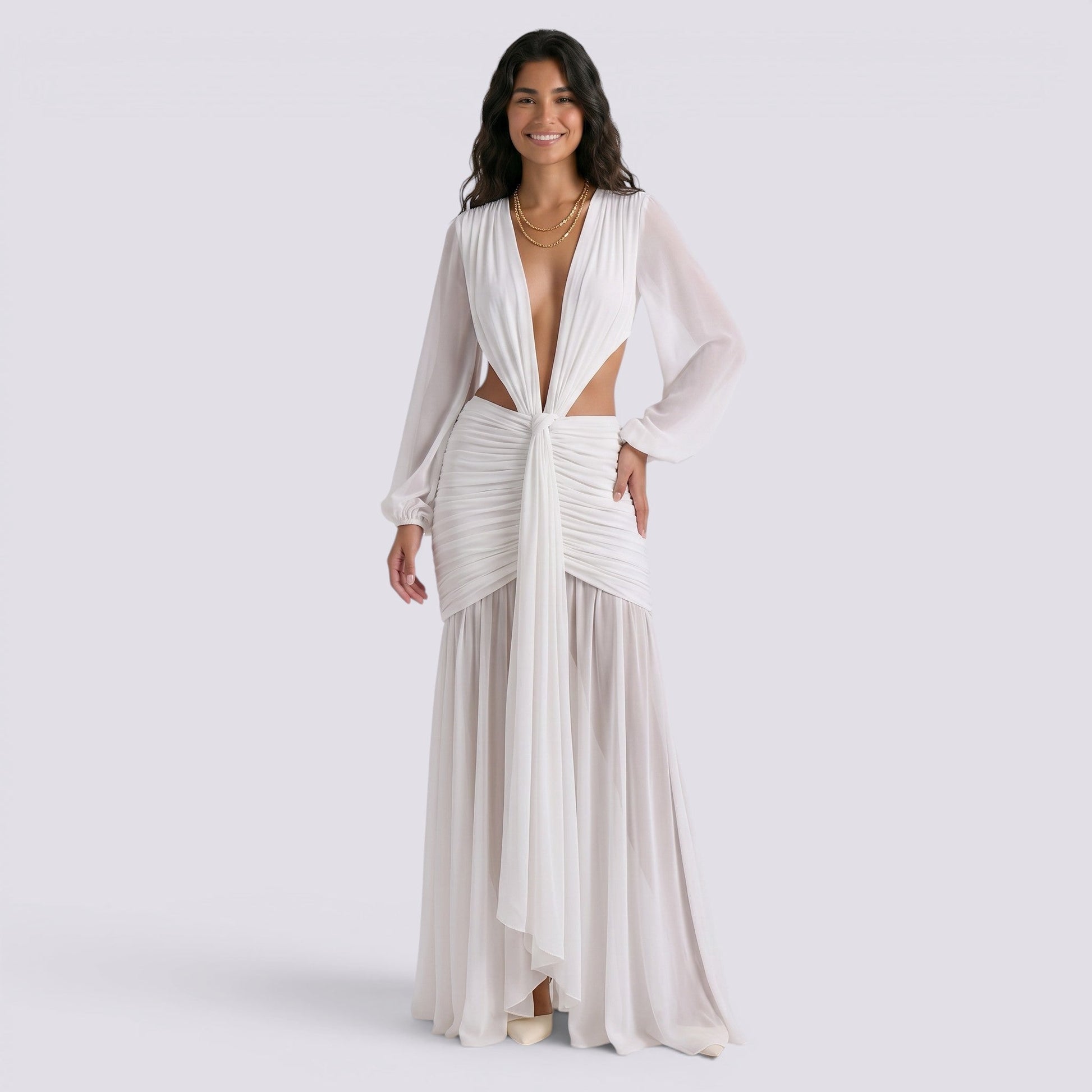 Abito Lungo Donna Maniche Lunghe Scollo a V da Cerimonia