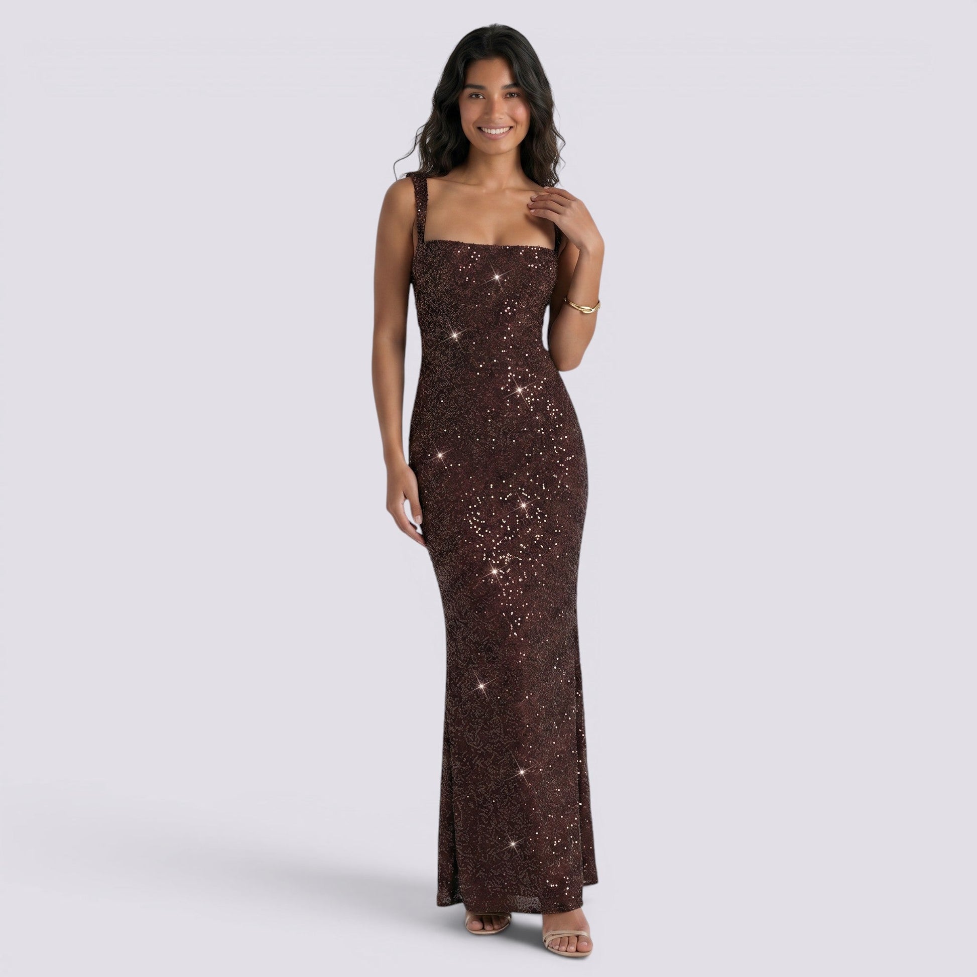 Abito Lungo Donna Brillante Aderente Scollo Quadrato Sera