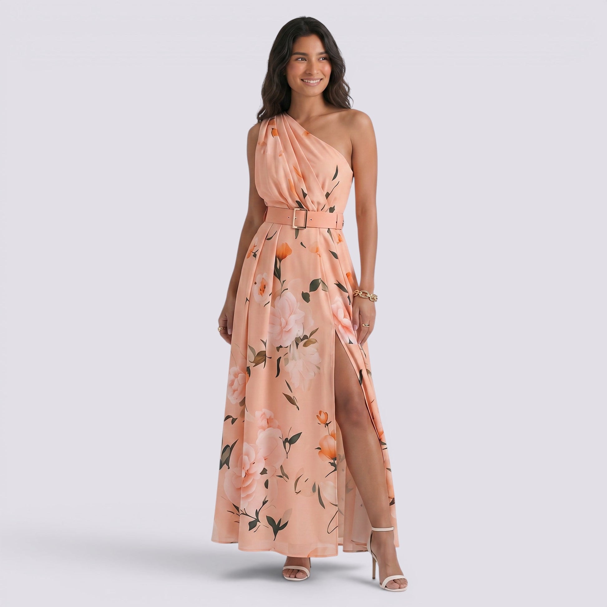 Abito Lungo Donna Smanicato Stampato Scollo Asimmetrico