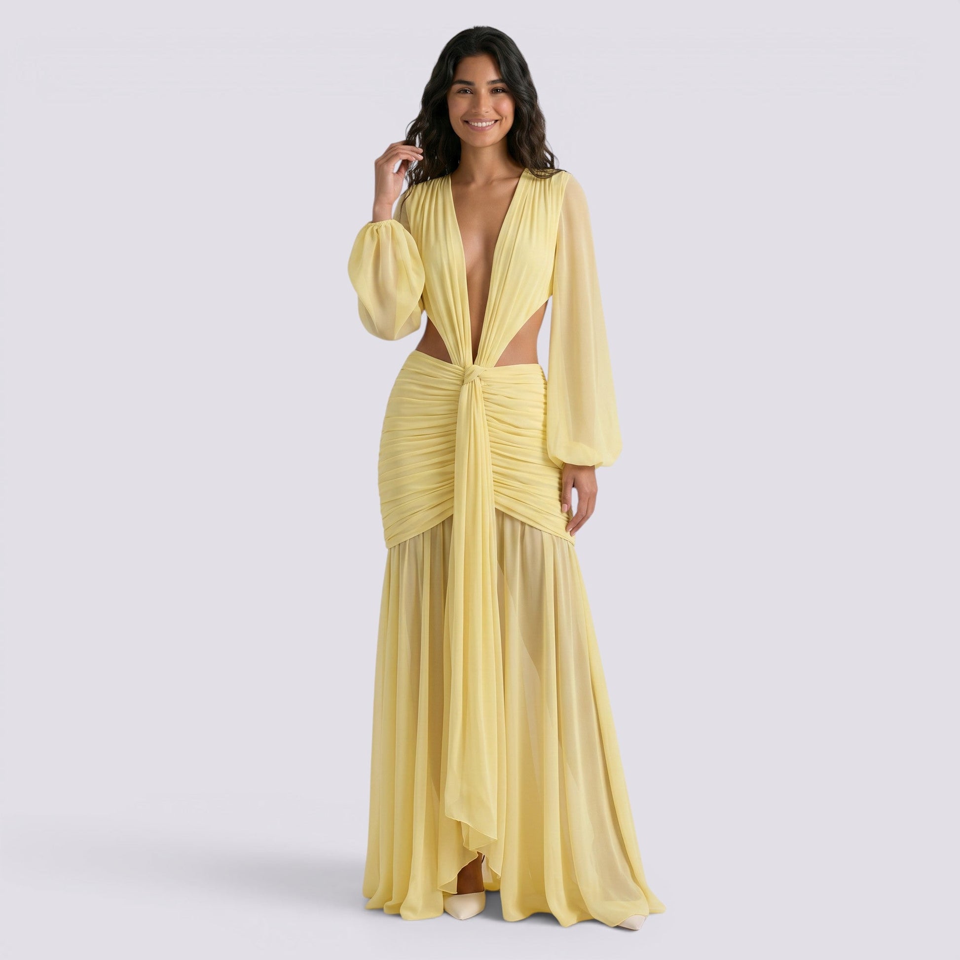 Abito Lungo Donna Maniche Lunghe Scollo a V da Cerimonia