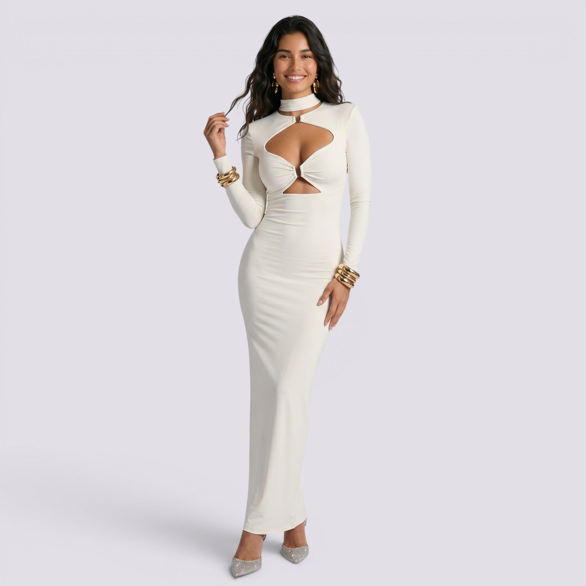 Abito Lungo Donna Aderente Cut Out Elegante Tinta Unita