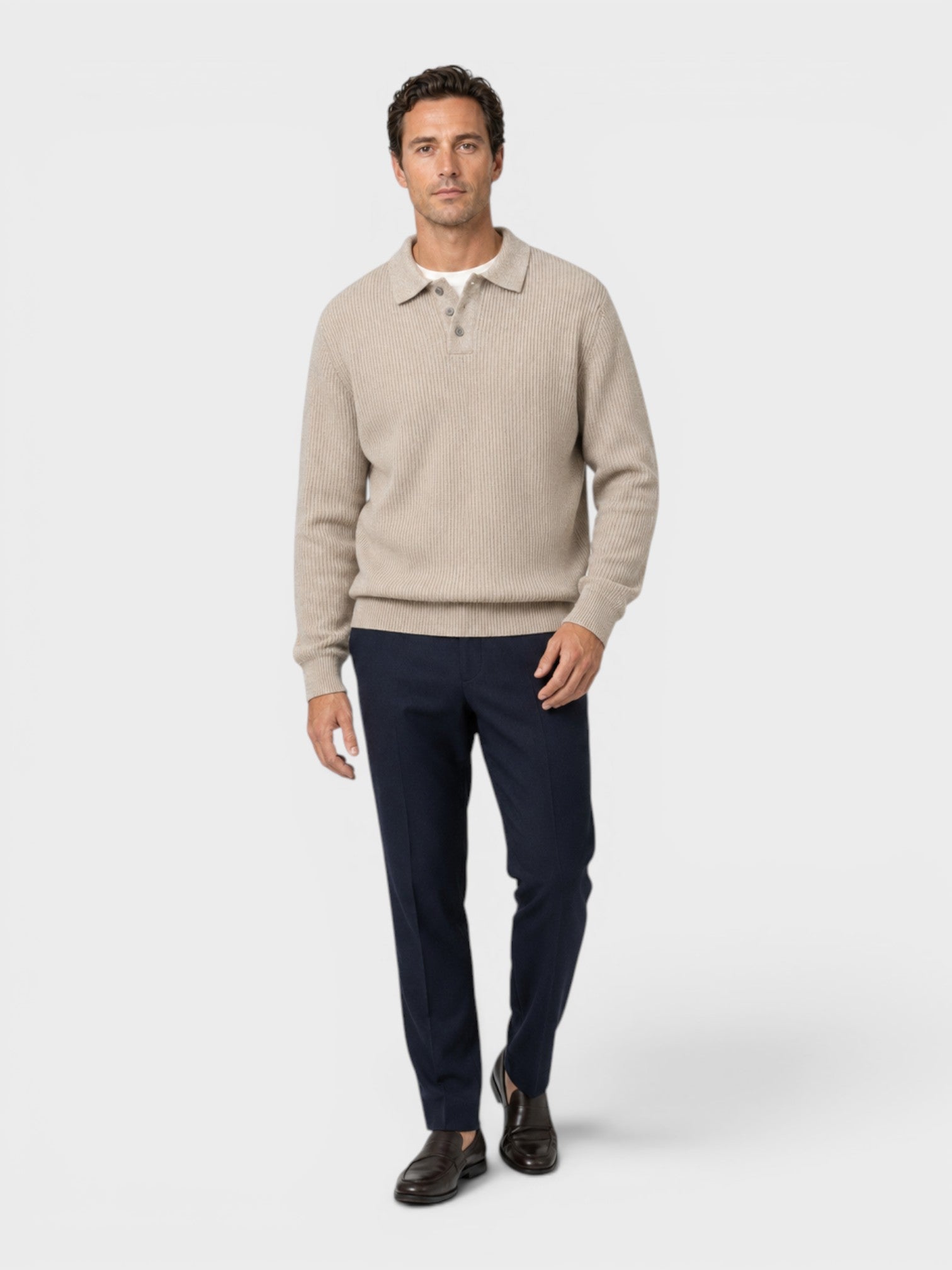 Maglione Polo Uomo in Maglia a Coste Maniche Lunghe