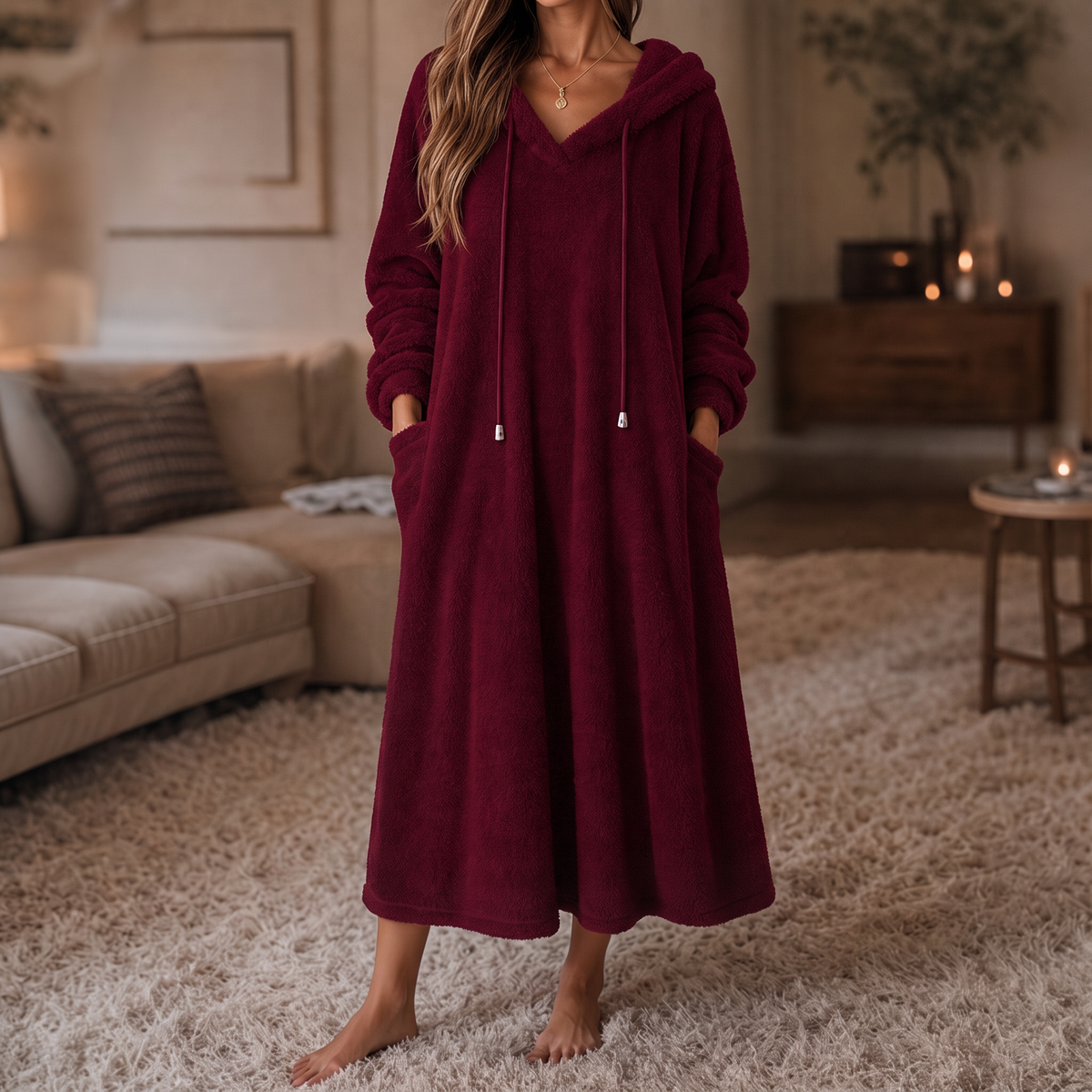 Abito Donna Lungo in Peluche con Cappuccio Homewear Linea ad A