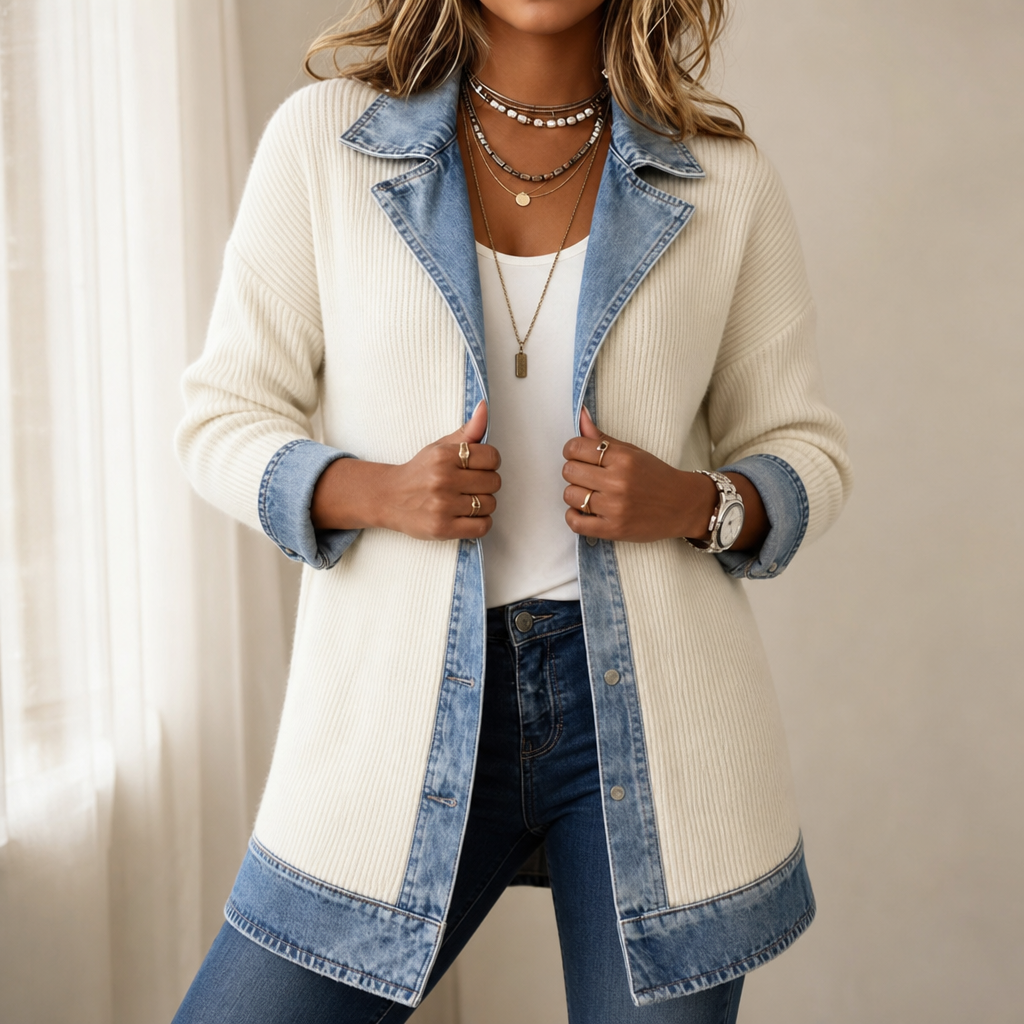Cappotto Donna in Maglia a Coste con Pannelli in Denim Lungo