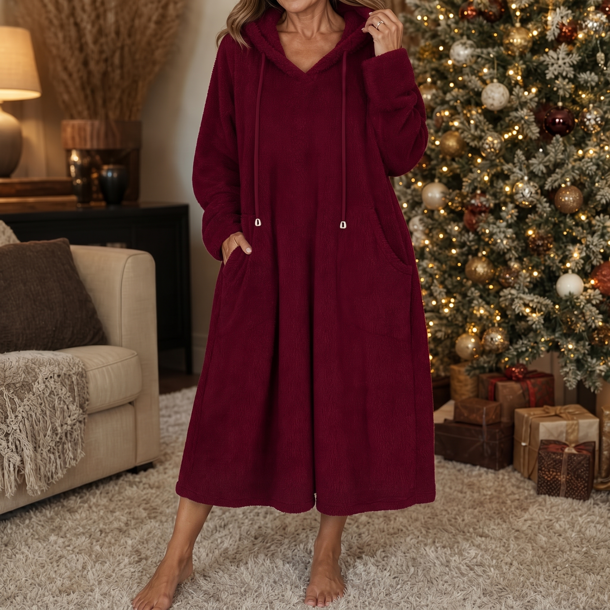 Abito Donna Lungo in Peluche con Cappuccio Homewear Linea ad A