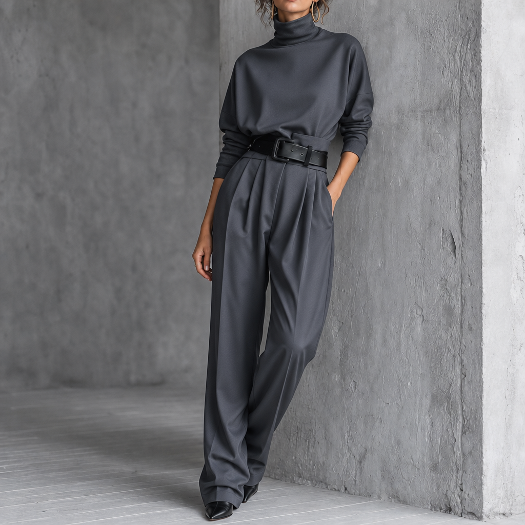 Completo Donna Dolcevita e Pantaloni Vita Alta con Cintura Coordinato