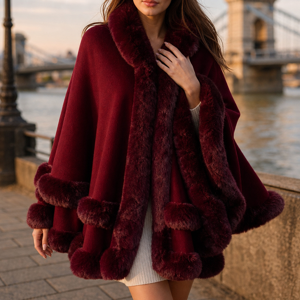 Mantella Donna in Maglia con Cappuccio Bordo Pelliccia Sintetica Lunga