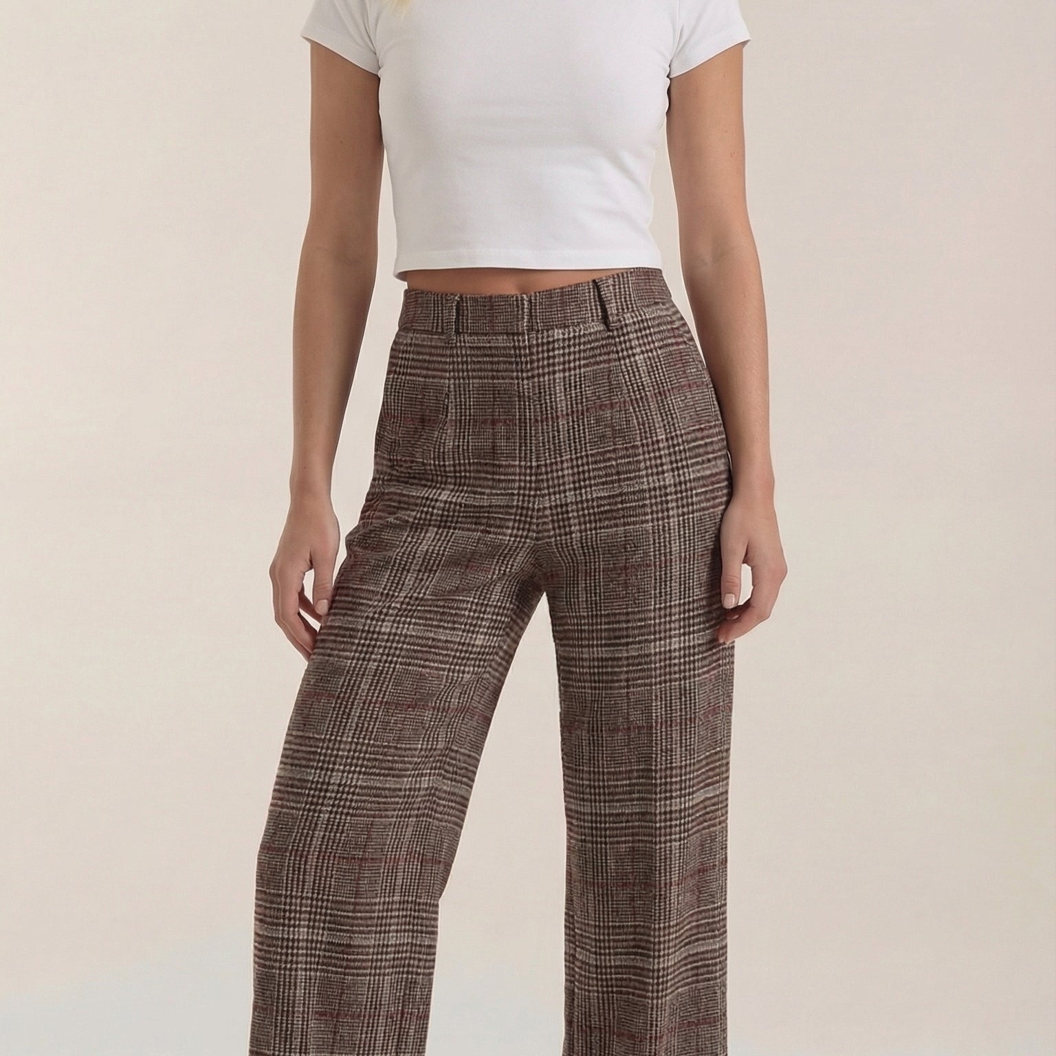 Aurazio Pantaloni a Vita Alta a Quadri per Donna