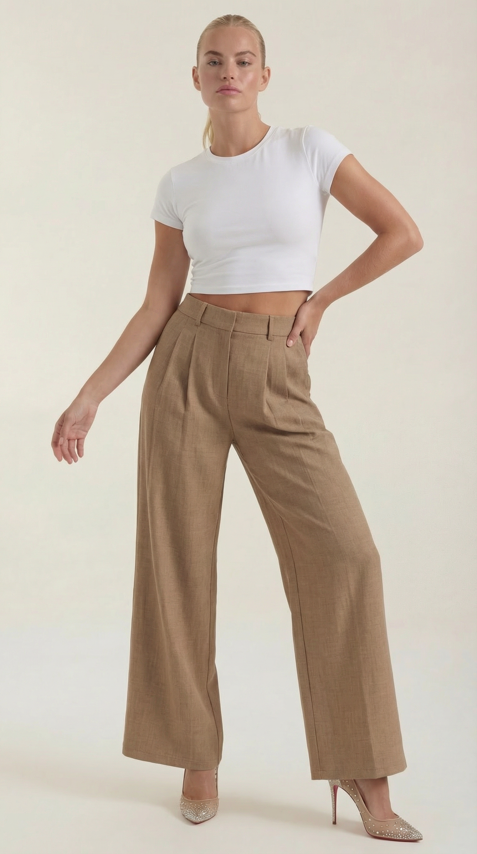 Pantaloni Donna Plissettati Vita Alta Fluidi Eleganti