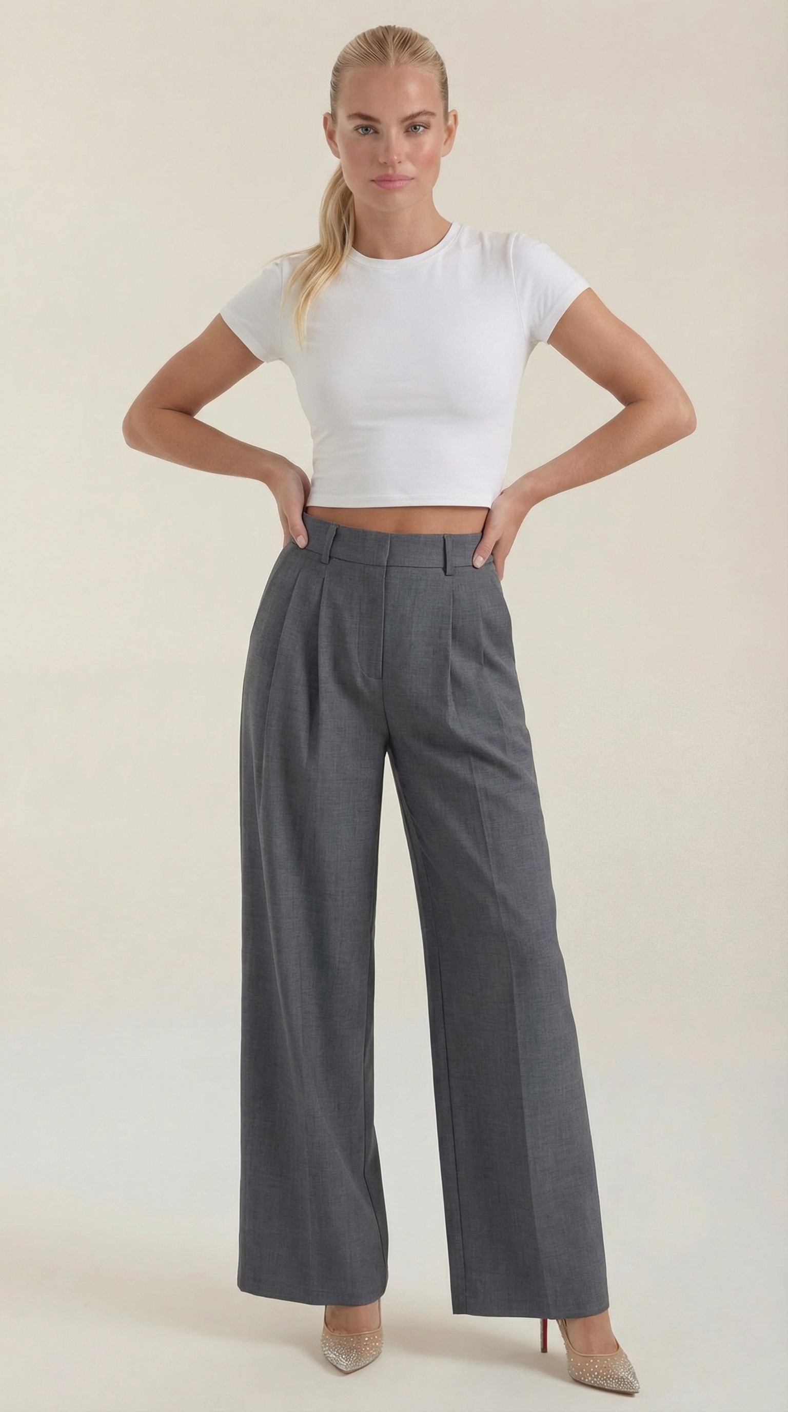 Pantaloni Donna Plissettati Vita Alta Fluidi Eleganti