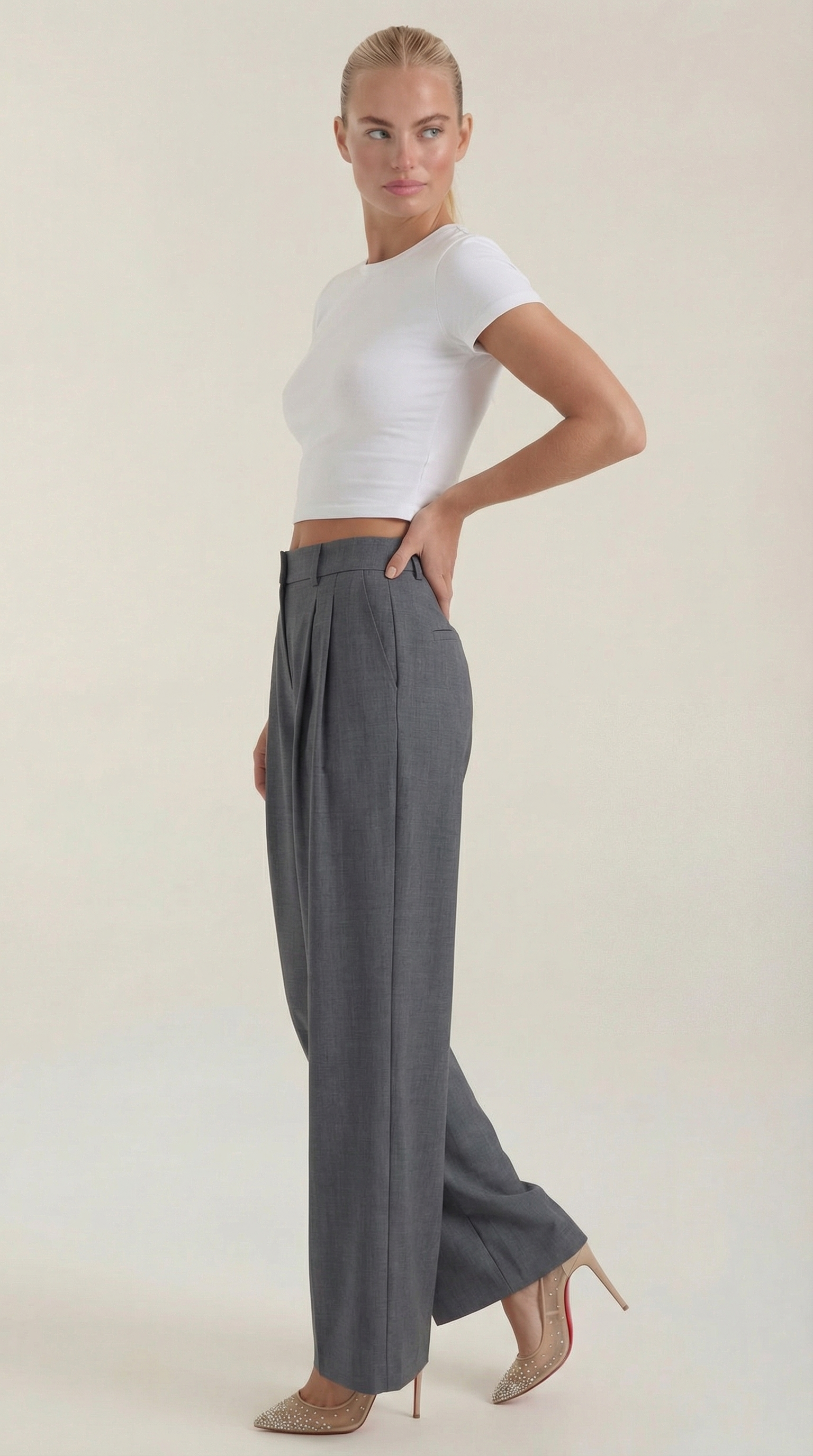 Pantaloni Donna Plissettati Vita Alta Fluidi Eleganti