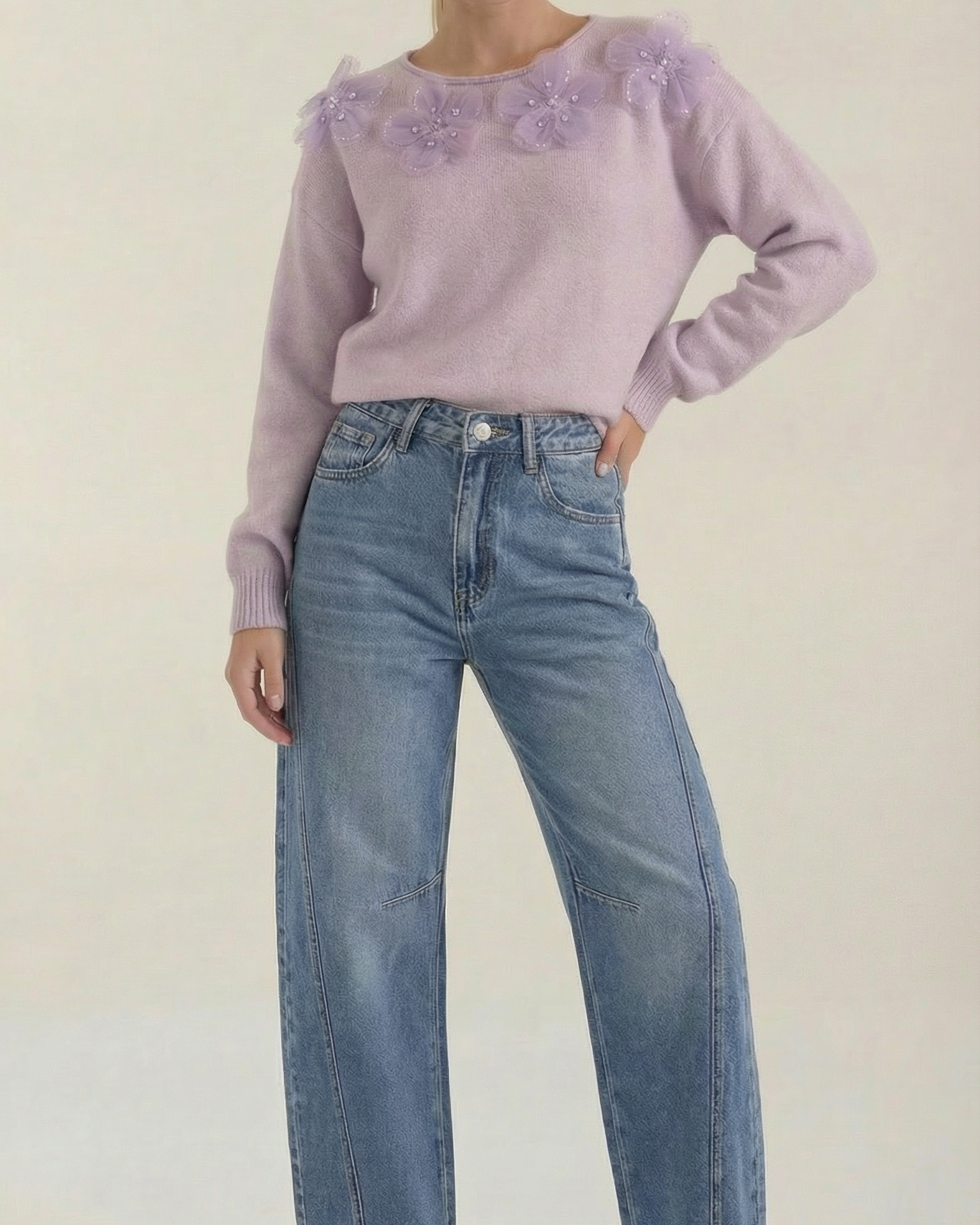 Maglione Donna Dettaglio Floreale Perle Strass Raffinato