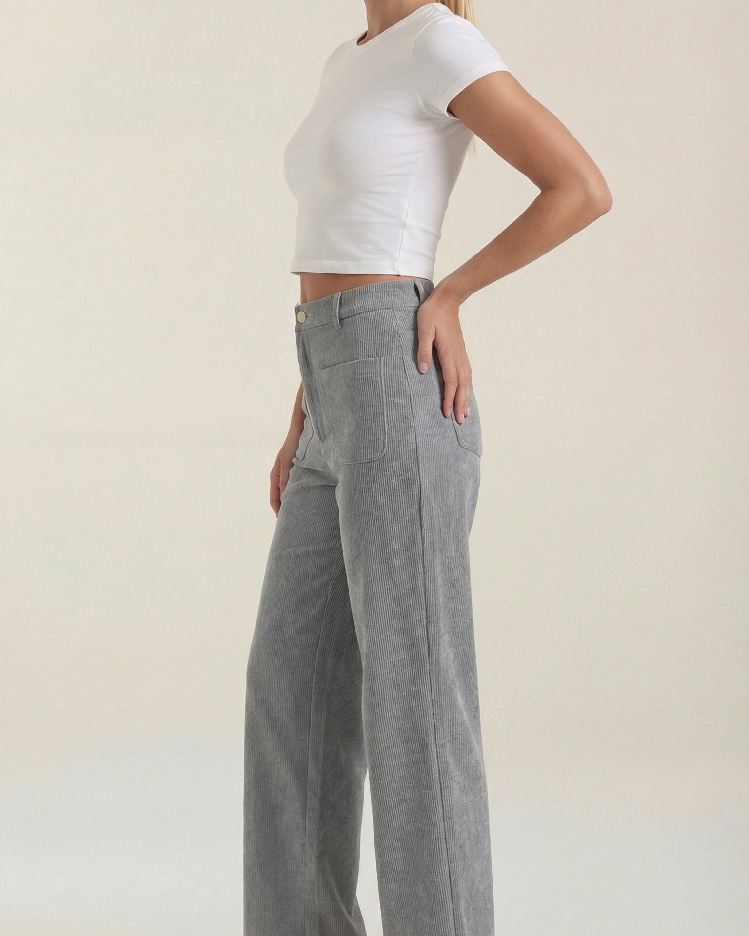 Pantaloni Donna in Velluto a Coste Vita Alta Ampi Fluidi