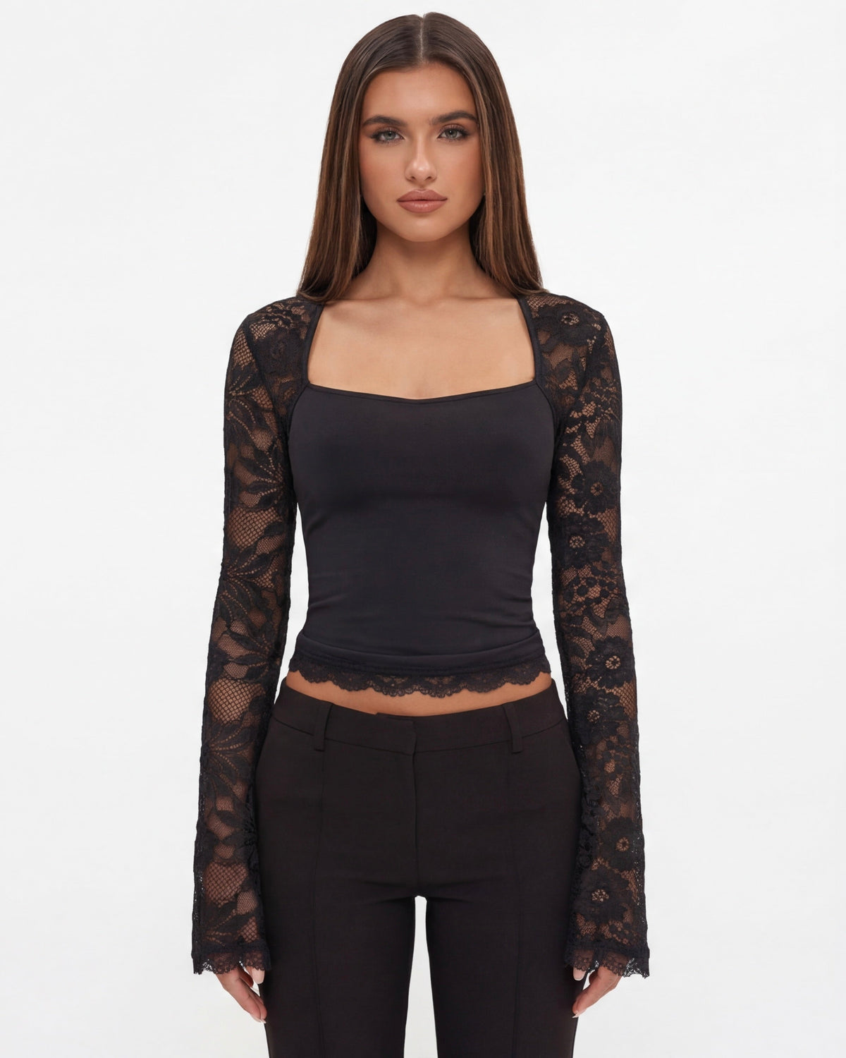 Top Donna Maniche Lunghe in Pizzo Schiena Trasparente Aderente