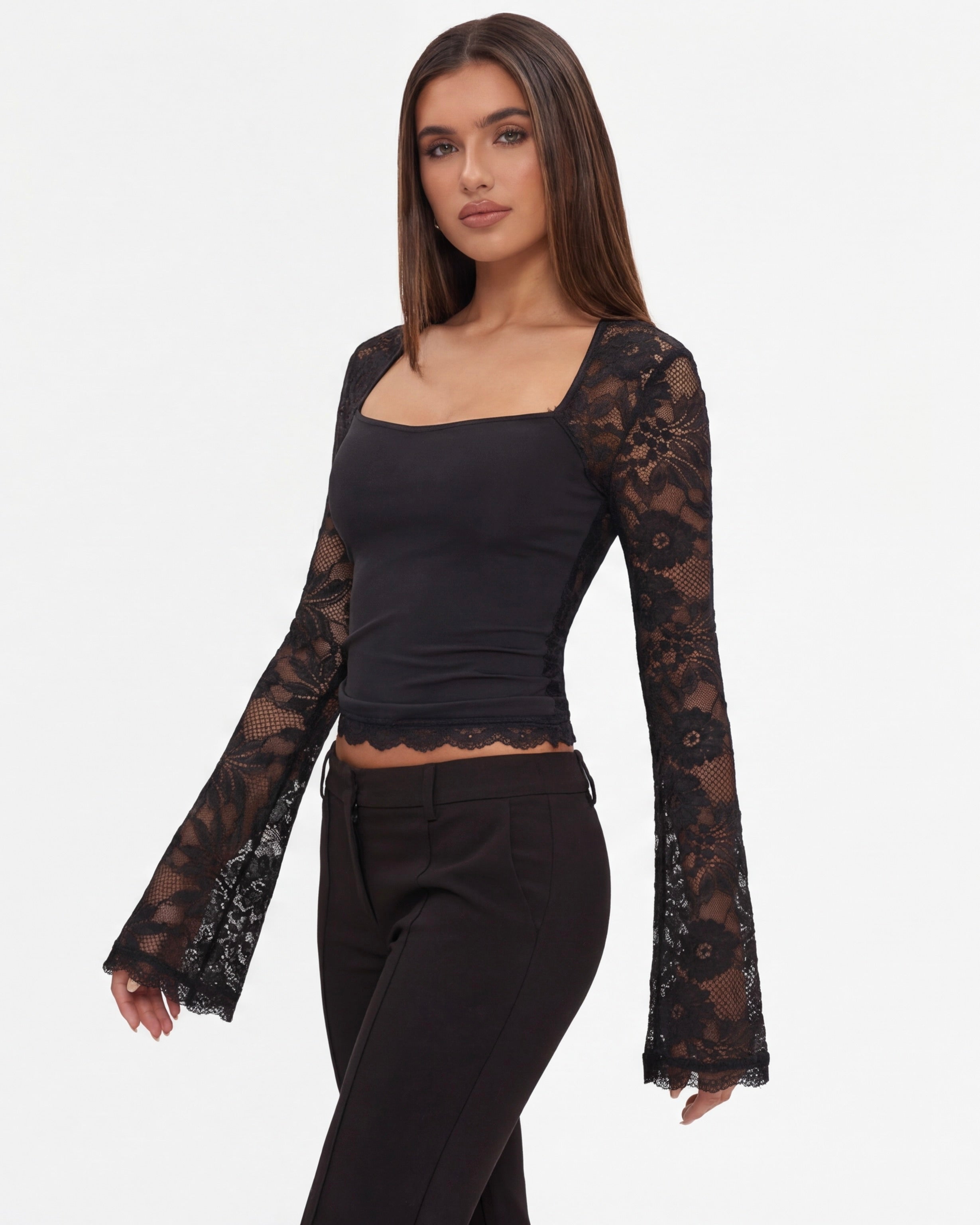 Top Donna Maniche Lunghe in Pizzo Schiena Trasparente Aderente