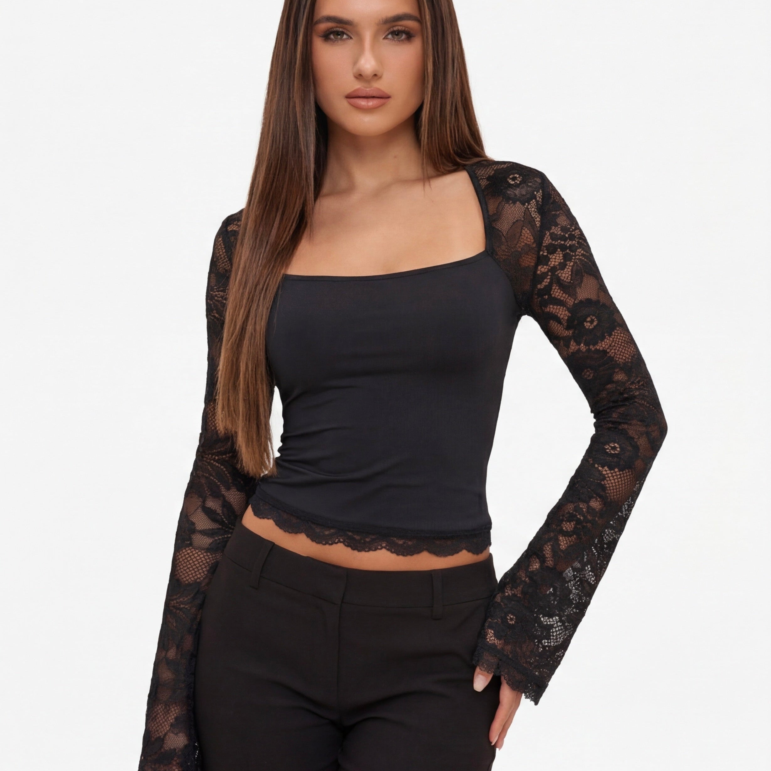 Top Donna Maniche Lunghe in Pizzo Schiena Trasparente Aderente