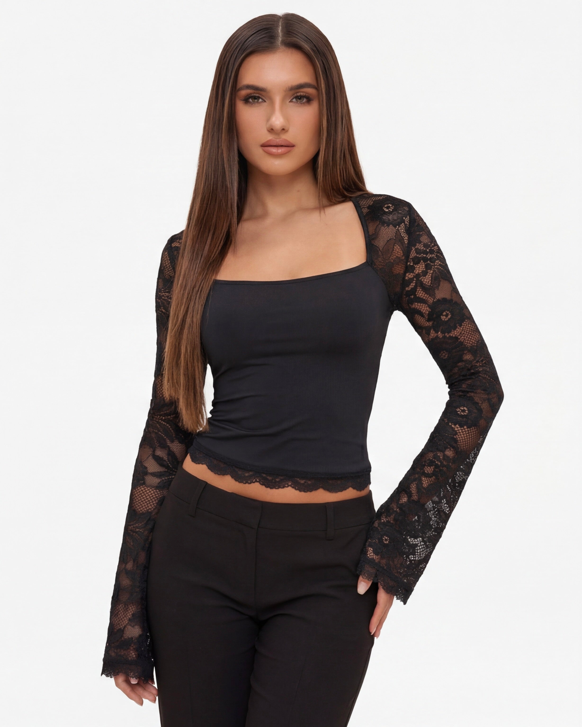 Top Donna Maniche Lunghe in Pizzo Schiena Trasparente Aderente