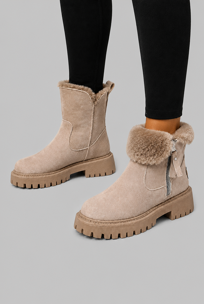 Stivaletti Donna Effetto Camoscio Risvolto Pelliccia Sintetica